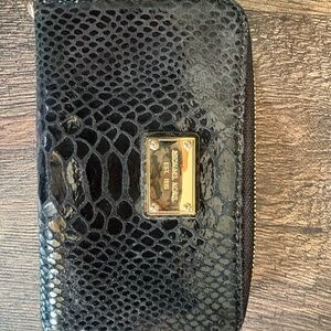 Michael Kors Black Snake-Embossed Zip Around Wallet with Gold Plaque